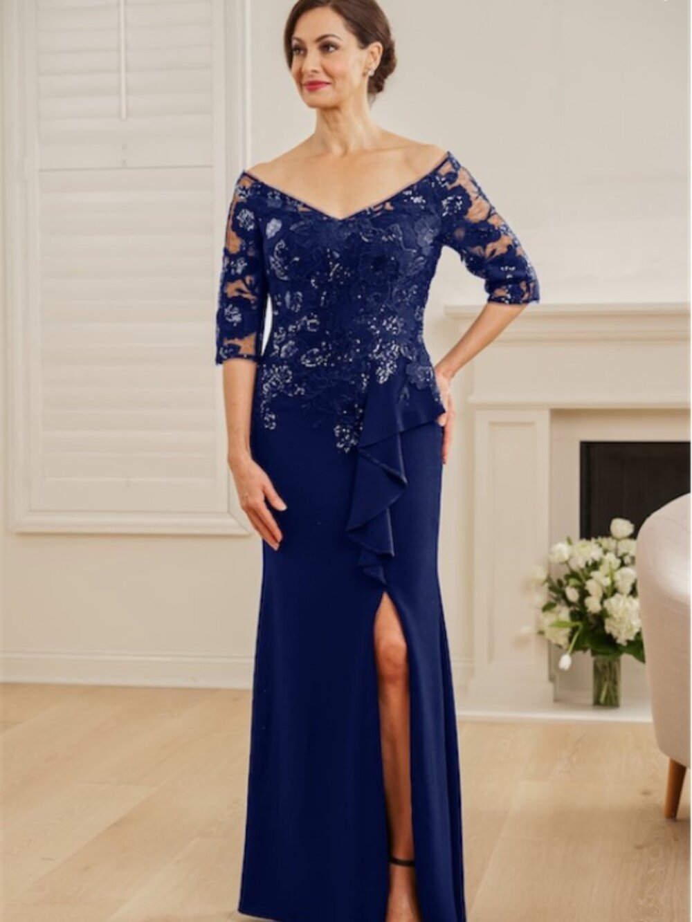 Jade Couture Navy Sequin Lace Long Sleeve Gown